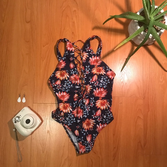 Floral Lace up One Piece Swim Suit - Picture 2 of 4